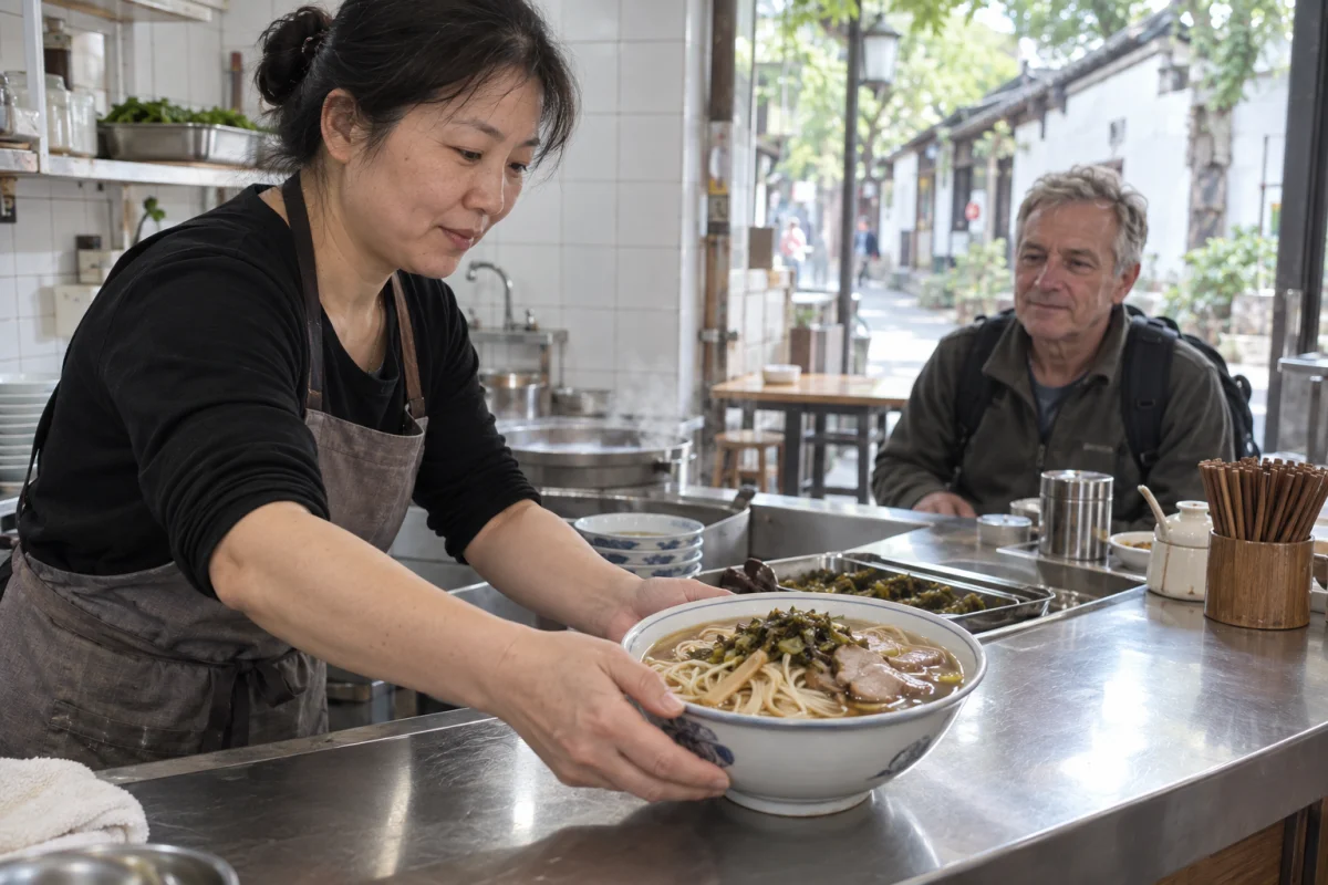 Illustrative Hangzhou-style noodle-shop scene with a cook serving a traveler