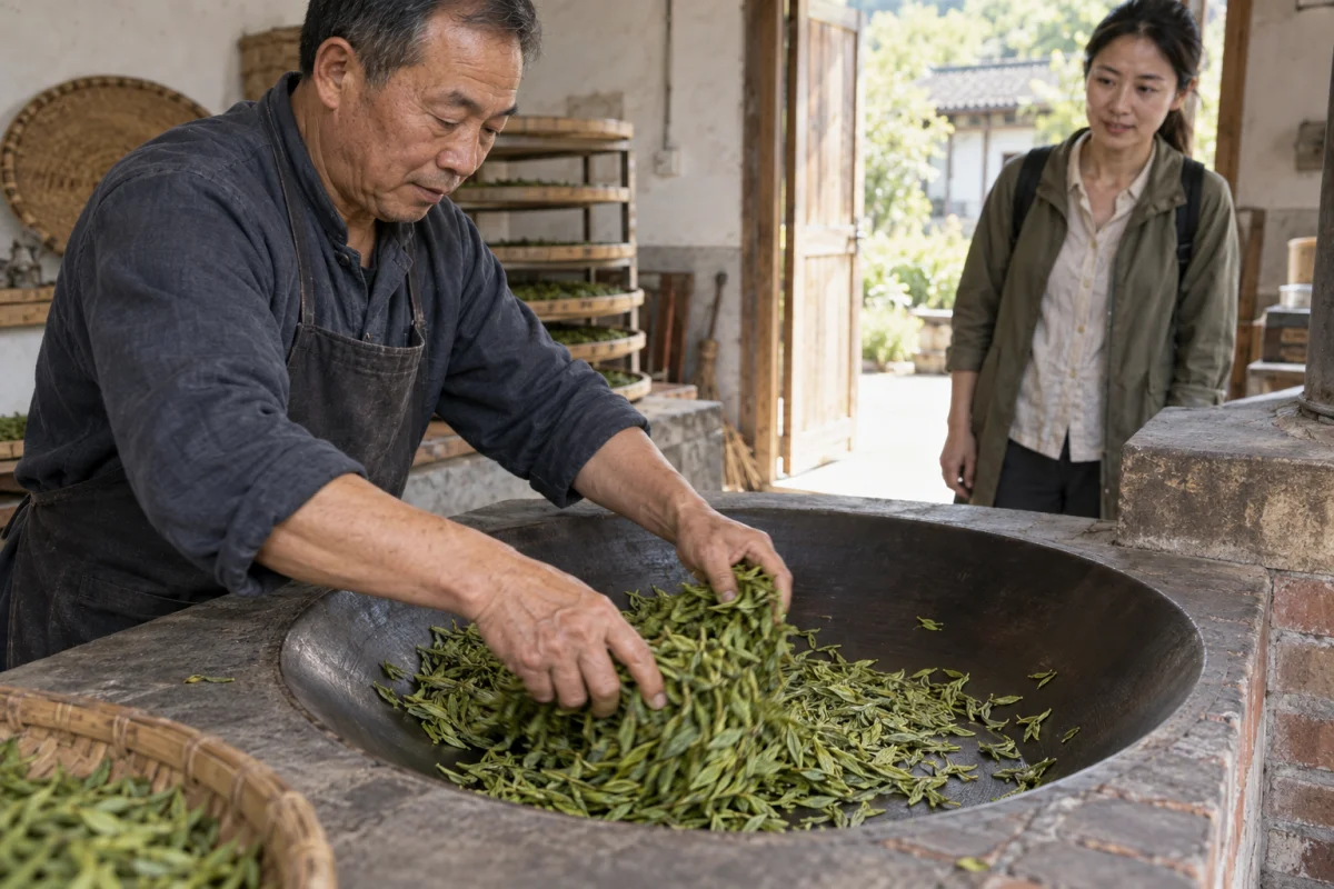 AI-generated illustration of an artisan demonstrating tea processing while a visitor watches