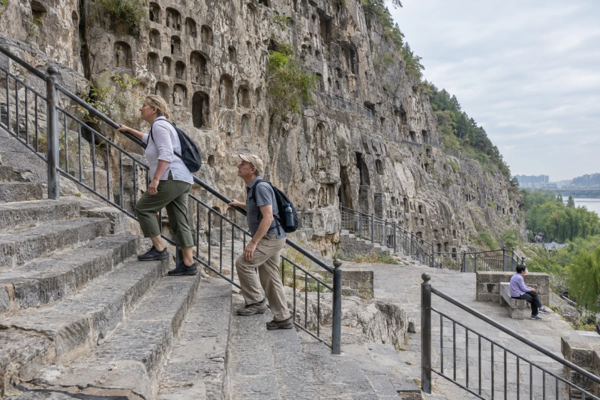 AI-generated illustration of travelers using stone stairs at a cliff grotto heritage site